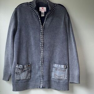 Quacker Factory Navy Zip Cardigan with Pink Embroidered Label & Jean Pockets